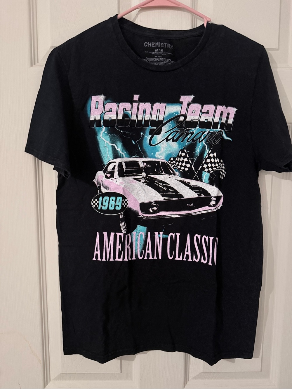 Chemistry Black Graphic M Tee with Pink & Teal Racing Print